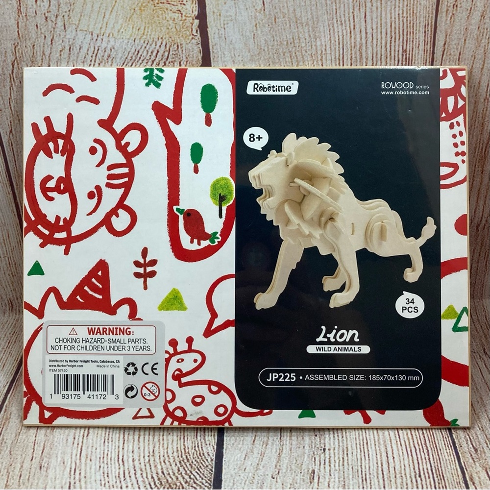 3D Wood Puzzle RoboTime Lion RoWood Series Wild Animals JP225 Sz 34 PCS